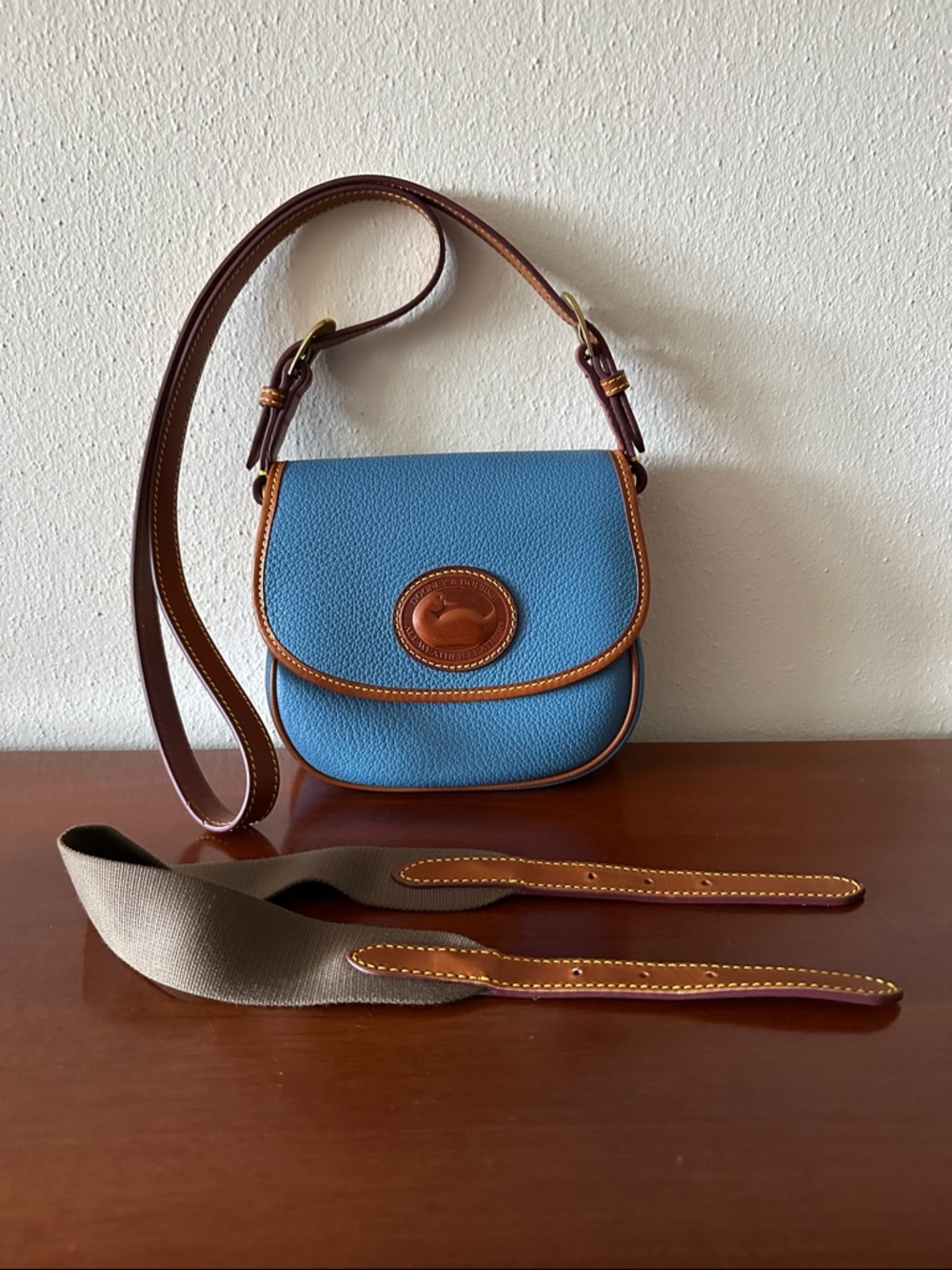 RARE Blue Dooney & Bourke All Weather Leather Petite Saddle Bag